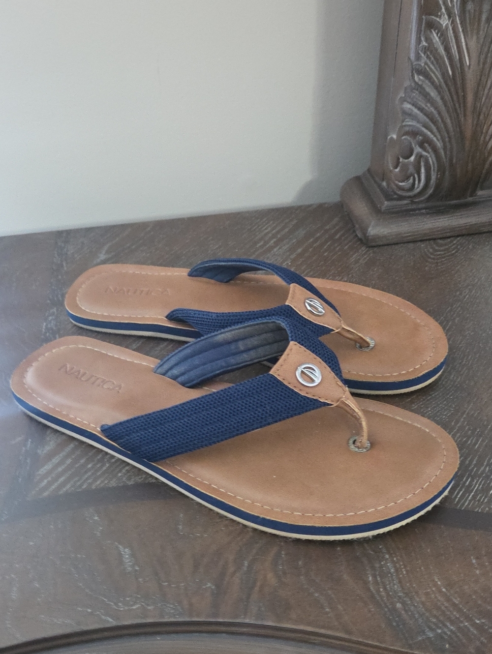 Nautica Navy and Tan Leather-Trim Flip Flops